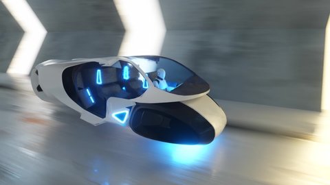 Flying a robot behind the wheel of a futuristic car in a long tunnel. Artificial intelligence and future concept. Seamless loop 3d render.