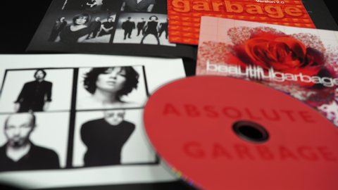 Rome, Italy - August 28, 2020: Cd and artwork of GARBAGE, American alternative rock band formed in Madison (Wisconsin) in 1993, have released six successful studio albums