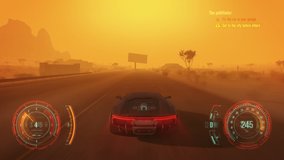 3D Fake Video game with hud. Driving a car across the desert during a sandstorm