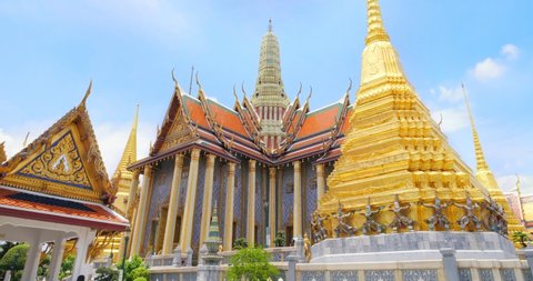 Wat Phra Kaew or Emerald Buddha Temple with blue sky, Tourist famous landmark which relate to religion in Bangkok Thailand. Amazing Thailand travel concept.