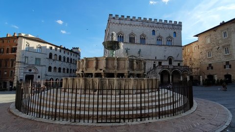 PERUGIA, ITALY - August 25 2020: Fontana Maggiore, the symbol of the city of Perugia, a beautiful town in the central Italy founded by Etruscans.