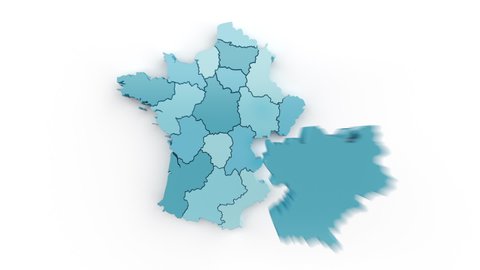 Map of France in blue-green colors, top view. Formed by separate areas falling from top to bottom against a white background.