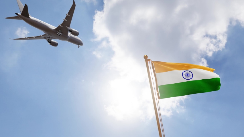 Flag of India Waving with Airplane arriving or departing, Realistic Animation Royalty-Free Stock Footage #1058365264