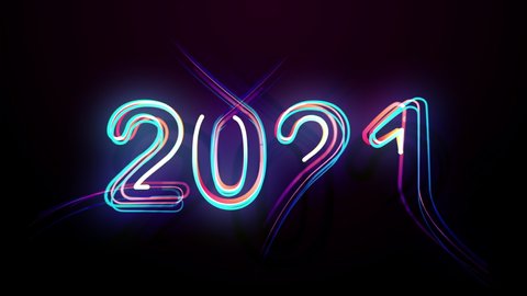 2021 Isolated Colorful Symbol Shape Date Sign Rays. Bright Multicolor Glow Numerals New Year Flicker and Glowing. Colored Neon Light Form Party Elegance and Wave Digits Black Background 2021 Century