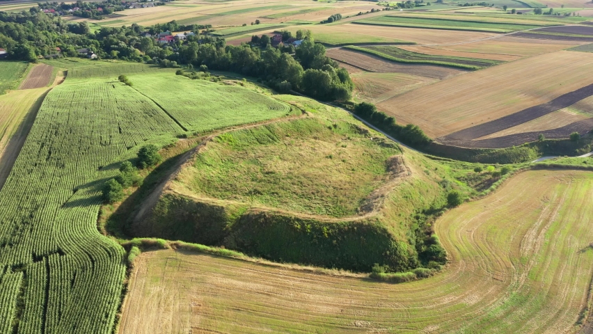 Aerial view of Stradow Hillfort (Grodzisko w Stradowie) - an early medieval stronghold existing from the 8th century settled by Vistulans