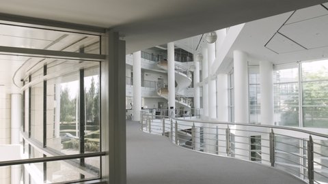 Empty modern corporate business office lobby - steadycam
