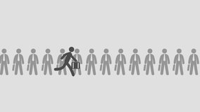 2D Animated businessman in suit with briefcase runs through other people to front of line becomes first. Tries get ahead of career ladder. Professional male leader waves his hand at pinnacle of