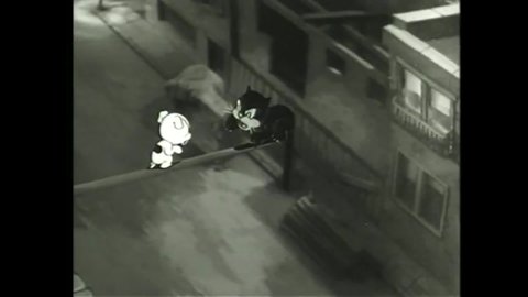CIRCA 1936 - In this animated film, Pudgy and a cat fall from a rooftop and promptly get into a fight when they hit the ground.