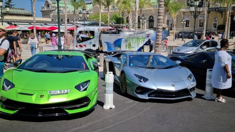 Monte-Carlo, Monaco - August 8, 2020: 8K Lamborghini Aventador And Lamborghini Huracan, Two Luxurious Supercars Parked On The Casino Square In Monte-Carlo, Monaco, Europe - 8K UHD (7680 x 4320)