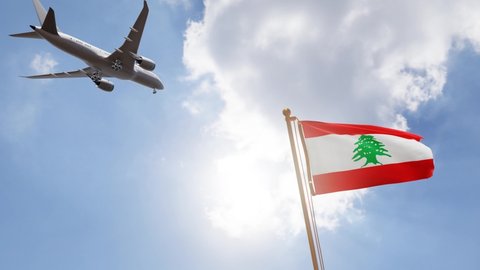 Flag of Lebanon Waving with Airplane arriving or departing, Realistic Animation