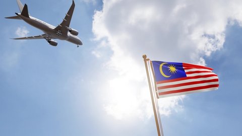 Flag of Malaysia Waving with Airplane arriving or departing, Realistic Animation