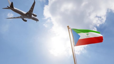 Flag of Equatorial Guinea Waving with Airplane arriving or departing, Realistic Animation