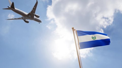 Flag of El Salvador Waving with Airplane arriving or departing, Realistic Animation