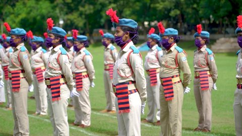 Jamshedpur, Jharkhand / India - August 15 2020: Group of Female police officer wearing mask in a parade