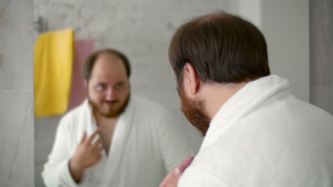 Funny Overweight Man Bathrobe Looking Bathroom Stock Footage Video (100 ...