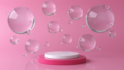 Pink and white round stage, pedestal or podium and water and glass bubbles or spheres. Pink pastel background advertisement. Background or mock up for cosmetics or fashion. 3d animation in 4K