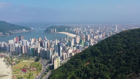 Aerial View of Coastal City of Sao Vicente, Sao Paulo, Brazil. Aerial view of Coastal City. Aerial Landscape South Coastal of Sao Paulo. Tropical Travel. Aerial City Scene. Coast View. Coast Scene. 