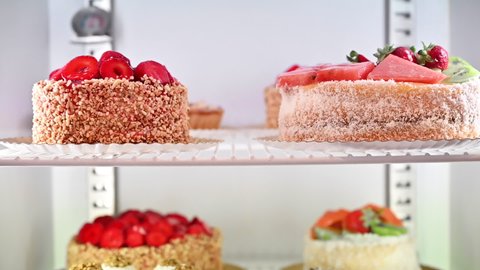  Cakes Displayed In Bakery Shop showcase. High quality FullHD footage