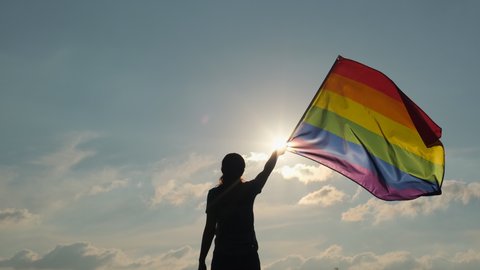 Rainbow LGBT flag on sun sky. Female woman holding gay pride lgbt flag in hands - lesbian, gay, bisexual, transgender social movements. Concept of happiness freedom love same-sex couple, 4 K slow-mo