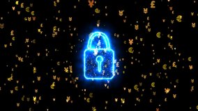 Security digital lock socail media icon paticle gold tone explosive motion technology big data and luxury golden currency Dollar Euro Yen Yuan Pound symbol background on black screen - Powered by Shutterstock - Get 15% off with code: PIKWIZARD15