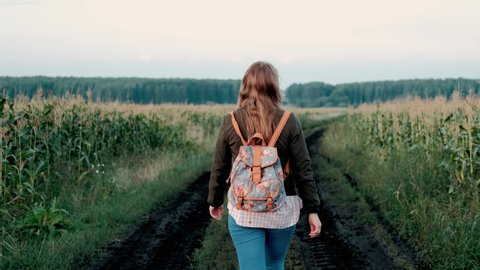 A young girl travels with a backpack. Woman hiker stroll through the field with corn at sunset. Girl enjoys the journey. Concept of hiking, healthy lifestyle, travelling. Vídeo Stock