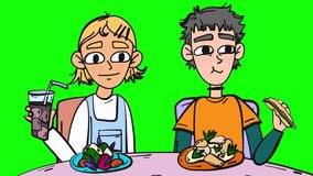 Young friends having a dinner isolated on green cartoon animation