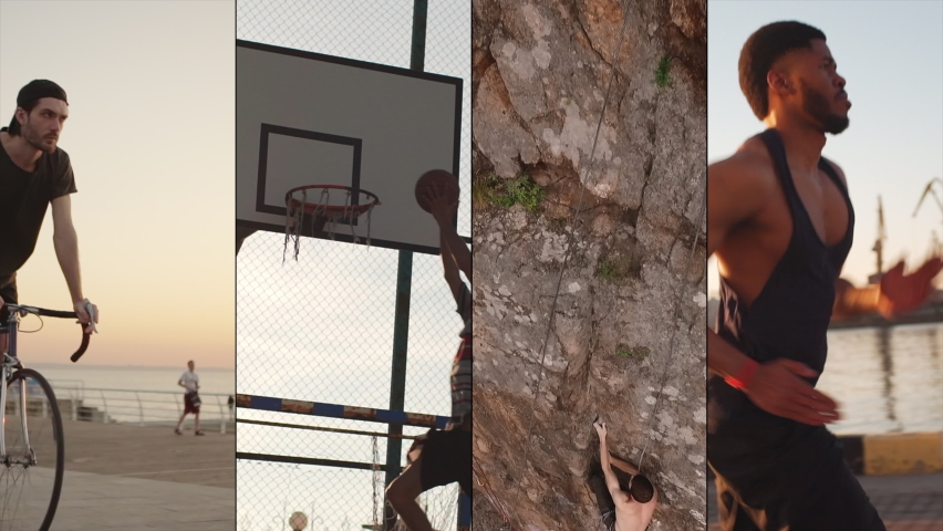 Split screen of diverse men, people doing sports. Multiscreen of person riding bike, cycling outdoors, guy playing basketball and making slam dunk, man climbing mountain or jogging. Wellbeing concept