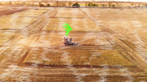 Aerial view of harvest machine working with WIFI wireless technology big data and communication in field , Combine harvest working on a rice field