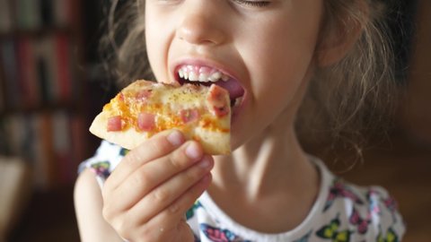 girl eat eating mouth close macro Pizza capricciosa cheese ham mushrooms