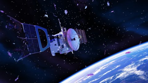 Laser Weapon From Earth Destroys Satellite In Space. 3D Animation. 4K. 3840x2160.