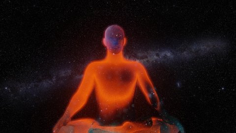 Animation of person meditating and his energy forces seen rising and falling as he breathes with spiritual elements seen coming from space