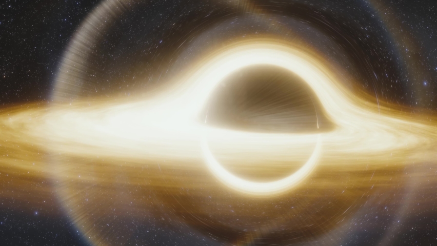 Animation of supermassive black hole. Accretion disk of matter on the event horizon of black hole. Space, light and time are distorted by strong gravity on the event horizon | Shutterstock HD Video #1058433442