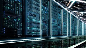 Big data cloud computing internet of things IOT, Server room. Powerful servers behind glass panels in a data center or ISP. AI Network and data servers. Camera moves dolly shot, seamless loop. 4K  - Powered by Shutterstock - Get 15% off with code: PIKWIZARD15