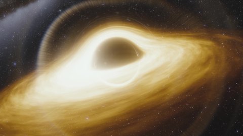 Space, light and time are distorted by strong gravity on the event horizon. Animation of supermassive black hole. Accretion disk of matter on the event horizon of black hole. 