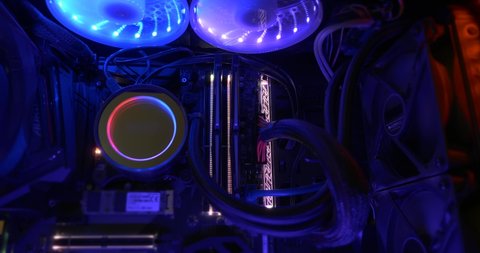 Inside the Modern Computer with Led Lighting - Efficient Liquid Cooling On Processor CPU Motherboard Slider Dolly Shot
