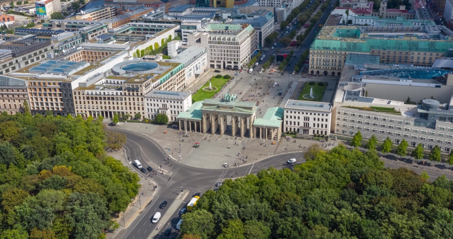 Aerial view of the Brandenburg Gate - monument in Berlin, Germany, Europe. Hyperlapse
