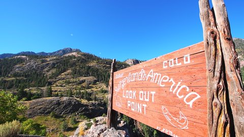 Ouray, USA - September 13, 2019: Wide angle closeup view on small town in Colorado San Juan mountains of sign for Switzerland of America overlook look out point