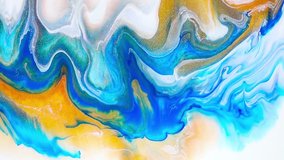 Fluid art drawing video, trendy acryl texture with colorful waves. Liquid paint mixing artwork with splash and swirl. Detailed background motion with golden, white and turquoise overflowing colors. - Powered by Shutterstock - Get 15% off with code: PIKWIZARD15