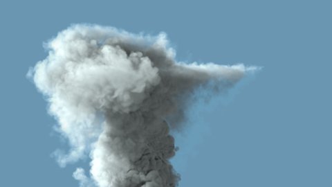 Slow motion dense white smoke as from volcano or industrial explosion or pollution emission isolated on blue sky background - disaster concept, 4K 60fps video UHD CG animation