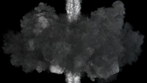 Collision of mutually directed explosions of white smoke on a black background.Explosion effects meet in the center forming turbulent vortices.