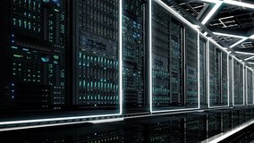 Digitalization of Information. Big Data Storage. Network and Data servers behind glass panels in a Modern Data Center or ISP.  Blinking Lights on Internet Server in Dark server room, seamless loop 4K - Powered by Shutterstock - Get 15% off with code: PIKWIZARD15