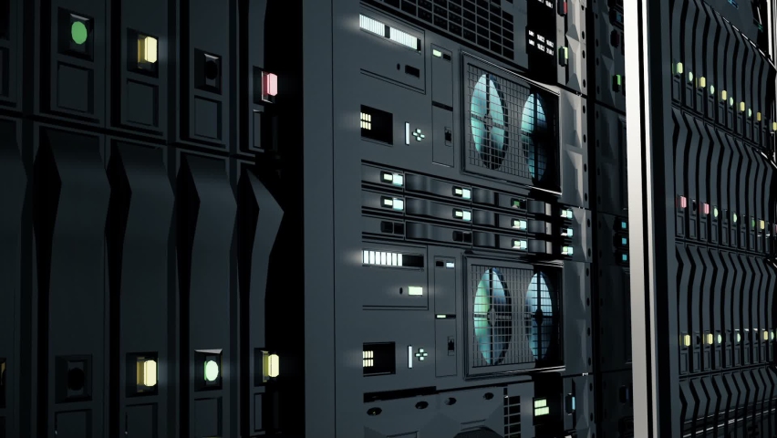 Close-up View of Modern Internet Network Switch. Dark server room in modern data center. Blinking Lights on Internet Server. Concept of Data Center, Cloud Computing and Telecommunications. Looped Royalty-Free Stock Footage #1058460367