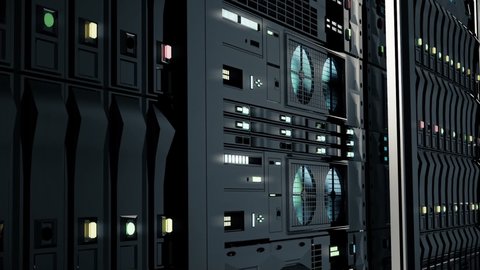 Close-up View of Modern Internet Network Switch. Dark server room in modern data center. Blinking Lights on Internet Server. Concept of Data Center, Cloud Computing and Telecommunications. Looped
