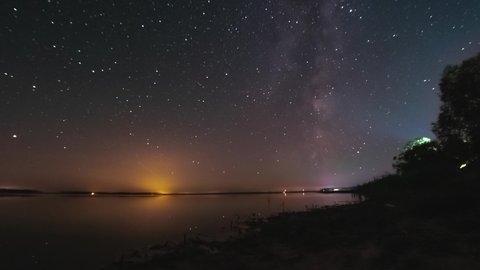 Timelapse of night sky with stars above flat calm lake. Milky way is visible. Space, galaxy, Earth rotating concept