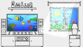 A graphic representation of a room with a TV, musical equipment, on a curbstone and a window with a moving curtain. Looped high quality 4K video.