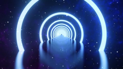 3d render, Loop motion of glowing neon ring and on dark galaxy star background. Neon light abstract background. Circles laser show fashion. virtual reality outer space with way star space panorama 
