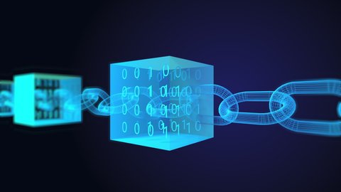 Block chain concept - Chain consists of network connections . cubes with binary numbers inside. interconnected blocks of data depicting a cryptocurrency blockchain on a dark background