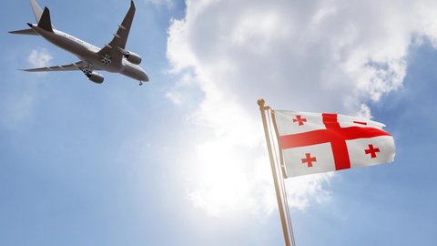 Flag of Georgia Waving with Airplane arriving or departing, Realistic Animation