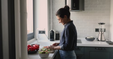 30s indian woman standing in domestic modern home kitchen preparing healthy vegetable salad smiles enjoy process. Satisfied housewife client of easy convenient fast fresh organic food delivery concept