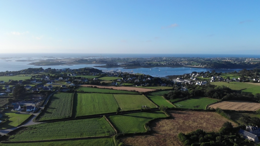 stunning aerial shot of Abers region in French Brittany, France. The abers and the lighthouse trail: a sublime quality to the scenery along the Côte des Abers, also called the Côte des Légendes